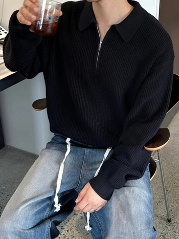 Черен пуловер с полузип и яка, мъжки, корейски стил Cleanfit, свободен casual, висококачествен плетен жакет