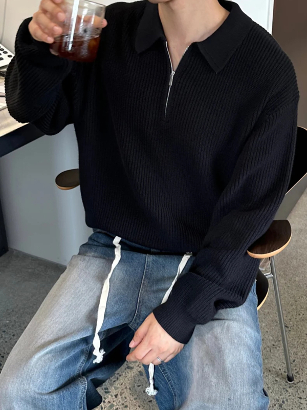 Черен пуловер с полузип и яка, мъжки, корейски стил Cleanfit, свободен casual, висококачествен плетен жакет