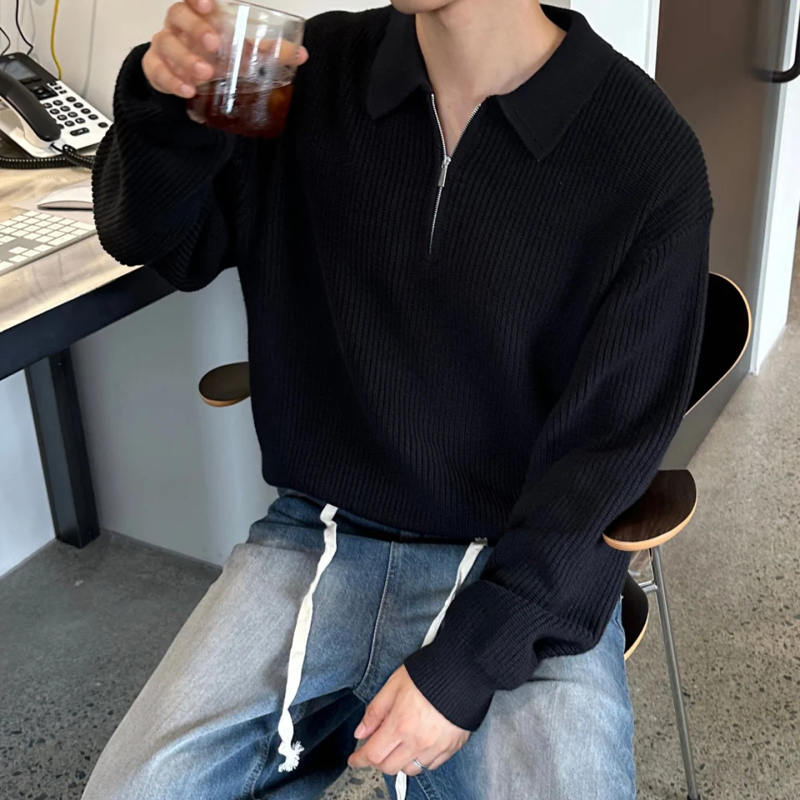 Черен пуловер с полузип и яка, мъжки, корейски стил Cleanfit, свободен casual, висококачествен плетен жакет