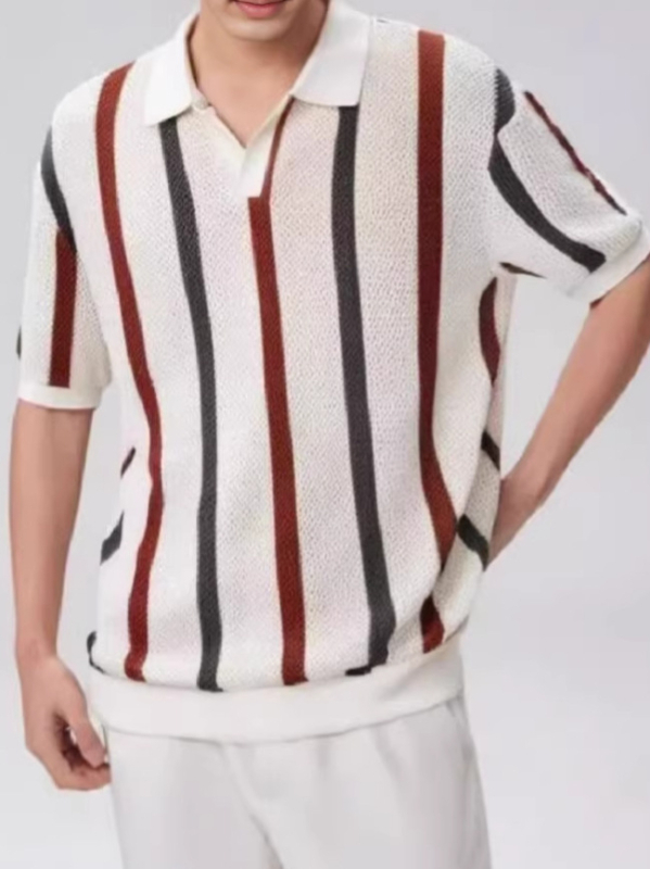 Muška polo majica s izrezanim dizajnom, kratki rukavi, ljetni stil, prugaste boje u blokovima