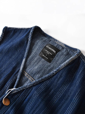 Isprana vintage džins vest s kontrastnim blokom boja, muška, širokog kroja, bez rukava, s V-izrezom, za jesen