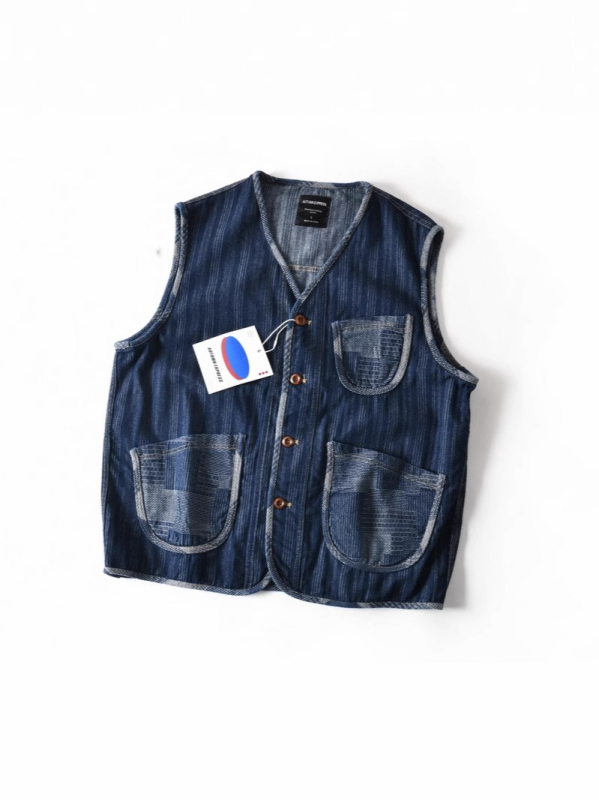 Isprana vintage džins vest s kontrastnim blokom boja, muška, širokog kroja, bez rukava, s V-izrezom, za jesen