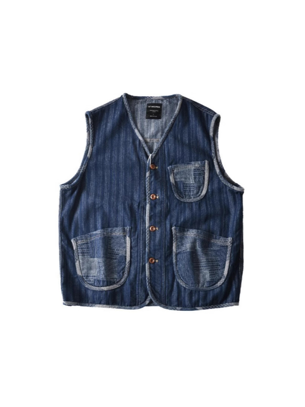 Isprana vintage džins vest s kontrastnim blokom boja, muška, širokog kroja, bez rukava, s V-izrezom, za jesen