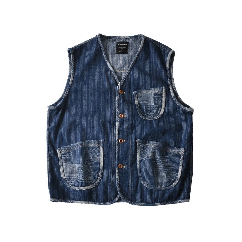 Isprana vintage džins vest s kontrastnim blokom boja, muška, širokog kroja, bez rukava, s V-izrezom, za jesen