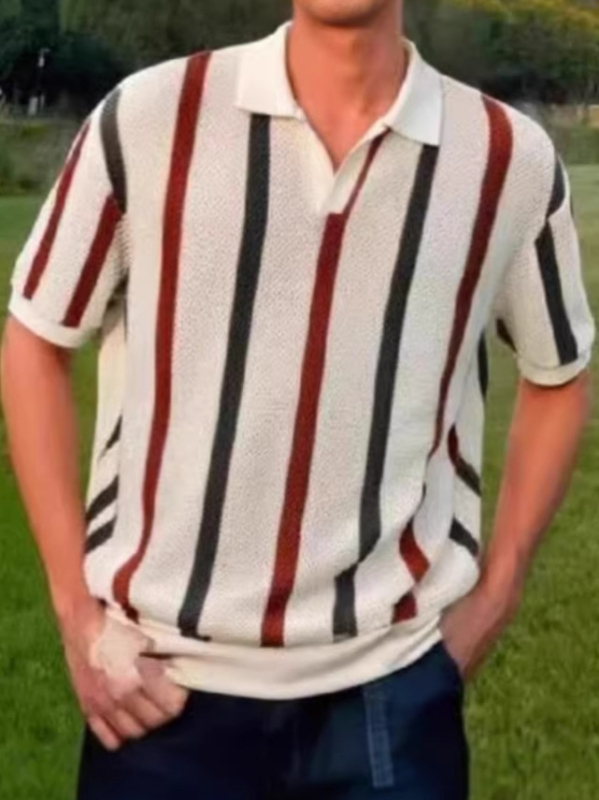 Muški polo s kratkim rukavima, europskog stila, visoke kvalitete, prorezani uzorak s prugama, elegantan ovratnik