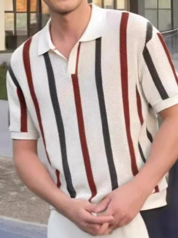 Muški polo s kratkim rukavima, europskog stila, visoke kvalitete, prorezani uzorak s prugama, elegantan ovratnik