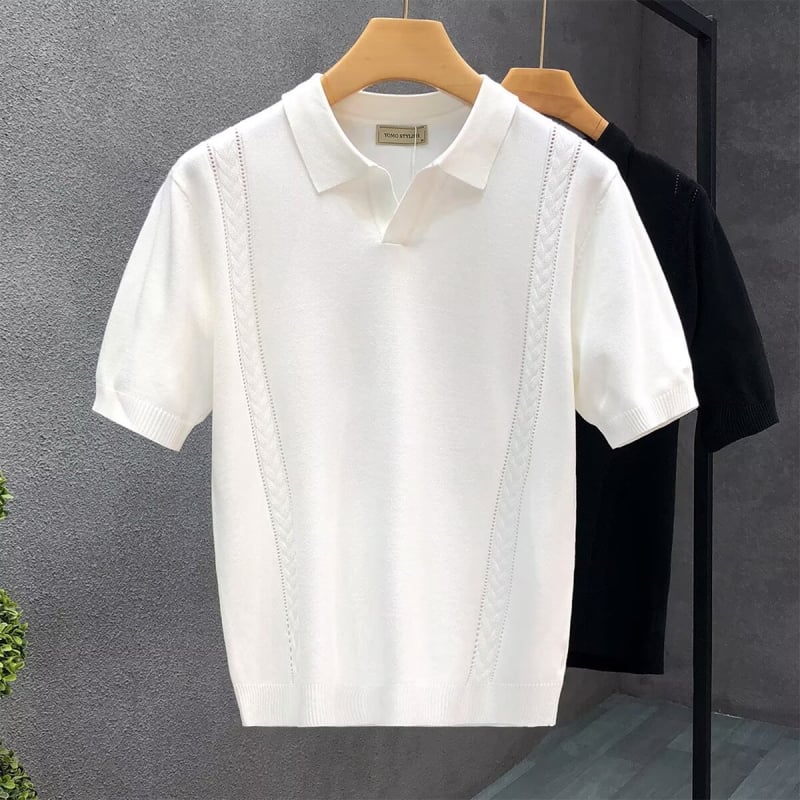 Muško ljetno polo od tankog pletenog ice silk materijala, kratki rukavi, slim fit, s ovratnikom
