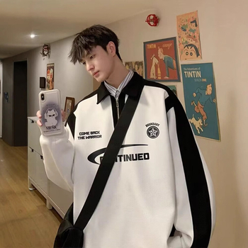 Американски стил полупрцип вайфъл трикотаж суитшърт с яка, мъжки, дълги ръкави, свободен крой, ретро надписи