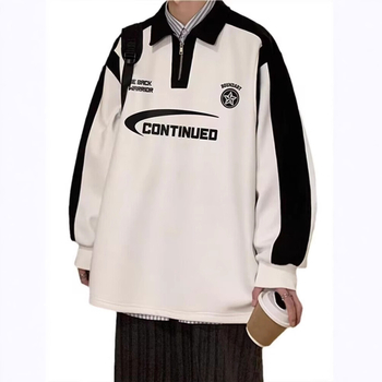 Американски стил полупрцип вайфъл трикотаж суитшърт с яка, мъжки, дълги ръкави, свободен крой, ретро надписи