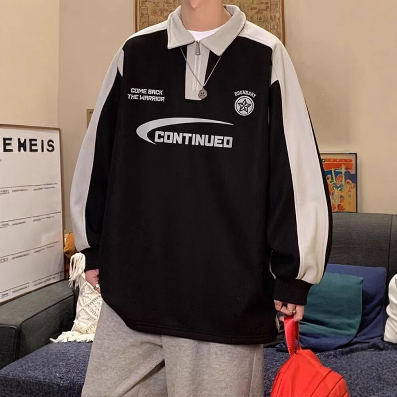 Американски стил полупрцип вайфъл трикотаж суитшърт с яка, мъжки, дълги ръкави, свободен крой, ретро надписи