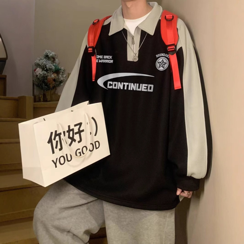 Американски стил полупрцип вайфъл трикотаж суитшърт с яка, мъжки, дълги ръкави, свободен крой, ретро надписи