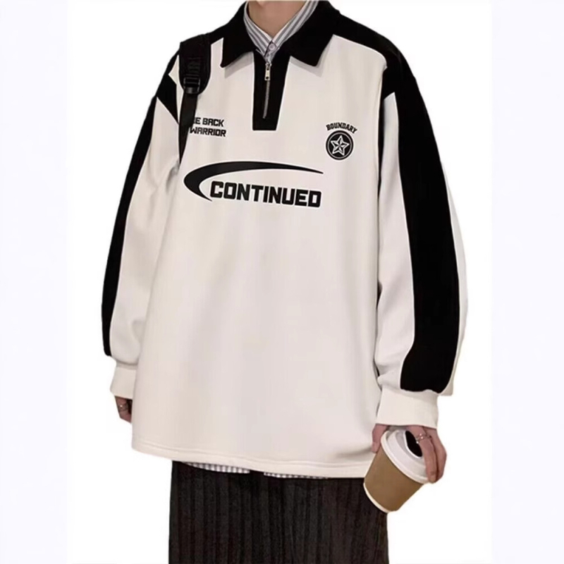 Американски стил полупрцип вайфъл трикотаж суитшърт с яка, мъжки, дълги ръкави, свободен крой, ретро надписи