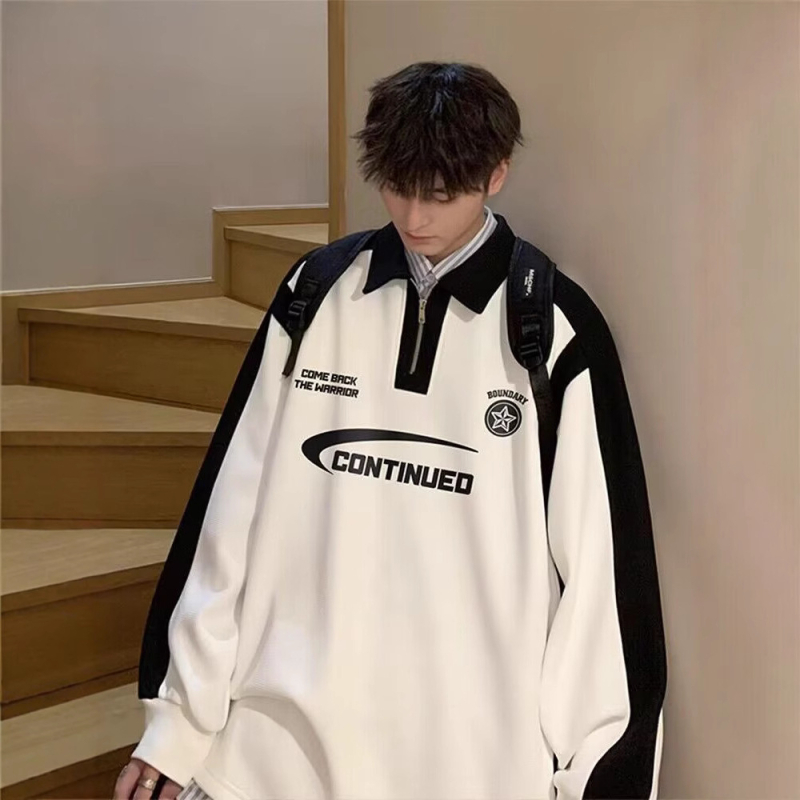 Американски стил полупрцип вайфъл трикотаж суитшърт с яка, мъжки, дълги ръкави, свободен крой, ретро надписи