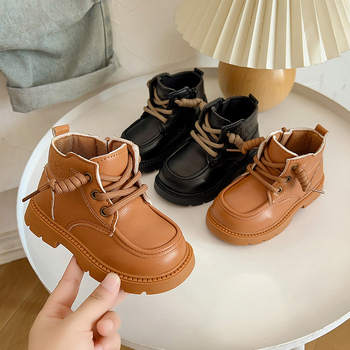 Unisex dječje vodootporne kratke čizme od mikrovlaknaste kože, retro stil, žute, bočni zatvarač, jesen 2025