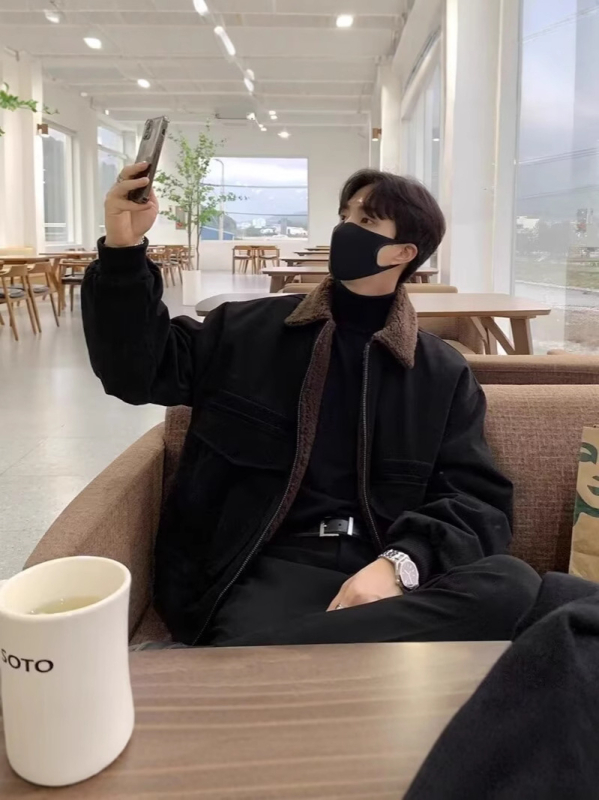 ASCLO мъжко яке за есен-зима, дебело подплатено, casual корейски стил, ретро, подплатено с флис и ламбска вълна, с ревер, къс модел