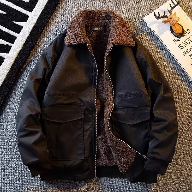 ASCLO мъжко яке за есен-зима, дебело подплатено, casual корейски стил, ретро, подплатено с флис и ламбска вълна, с ревер, къс модел