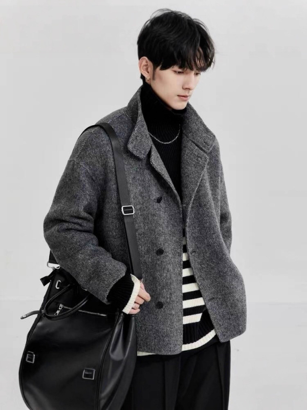 Мъжко зимно двулицево вълнено яке, корейски стил, минималистичен дизайн с голям ревер