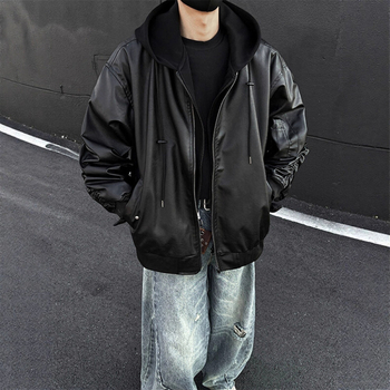Черно яке от изкуствена кожа за мъже, къс силует, flight jacket стил, Cleanfit, без качулка