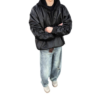 Черно яке от изкуствена кожа за мъже, къс силует, flight jacket стил, Cleanfit, без качулка