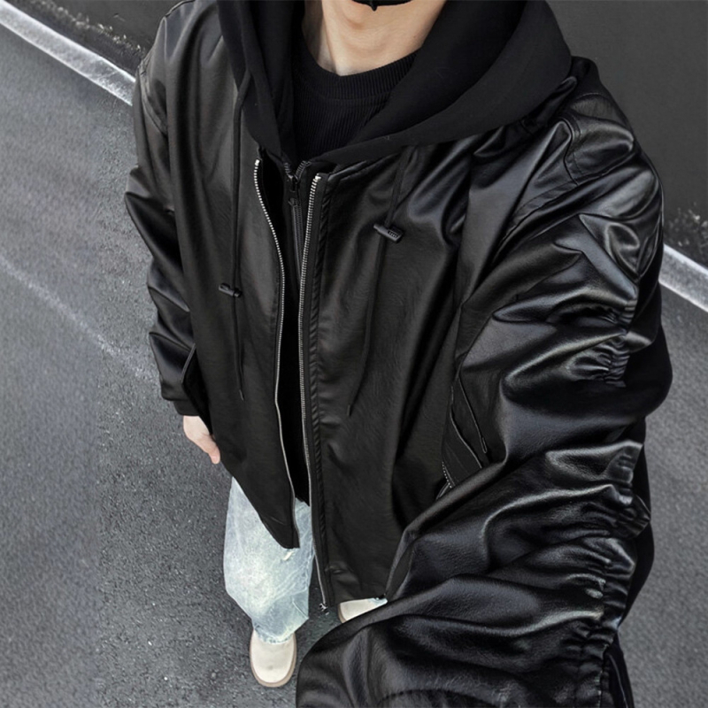 Черно яке от изкуствена кожа за мъже, къс силует, flight jacket стил, Cleanfit, без качулка