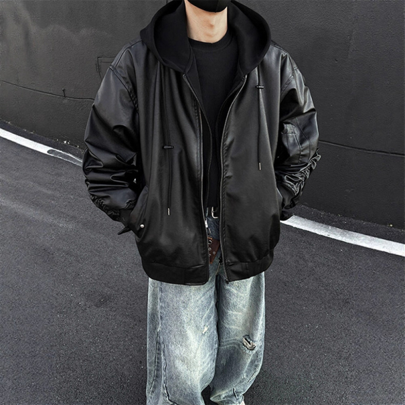 Черно яке от изкуствена кожа за мъже, къс силует, flight jacket стил, Cleanfit, без качулка