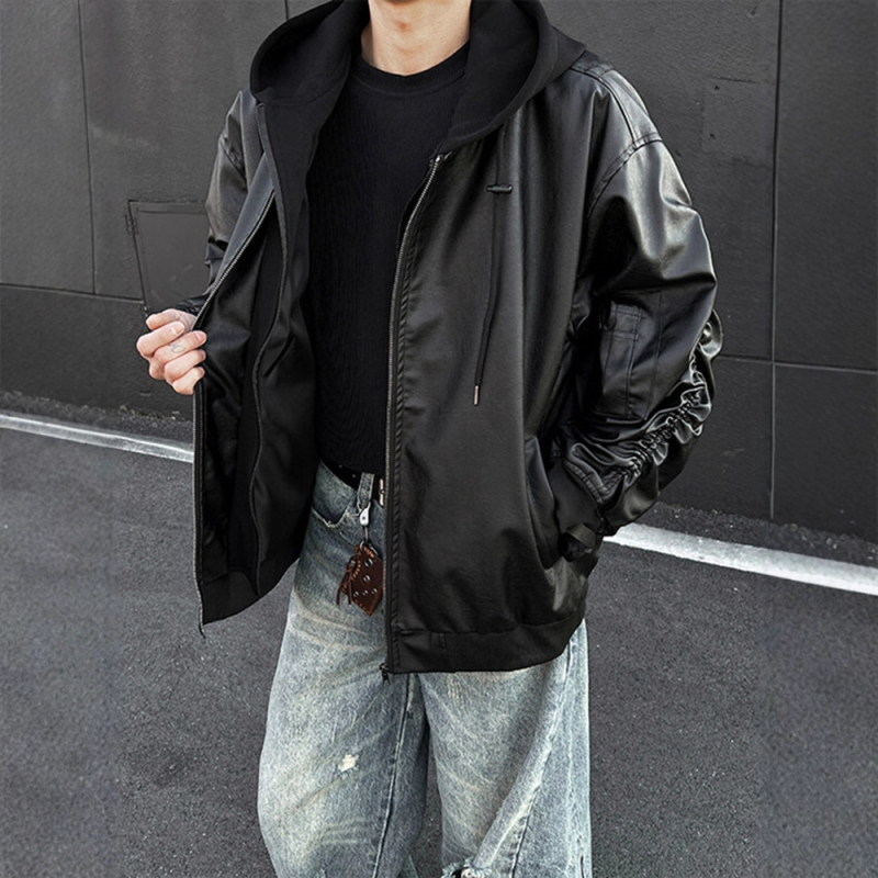 Черно яке от изкуствена кожа за мъже, къс силует, flight jacket стил, Cleanfit, без качулка