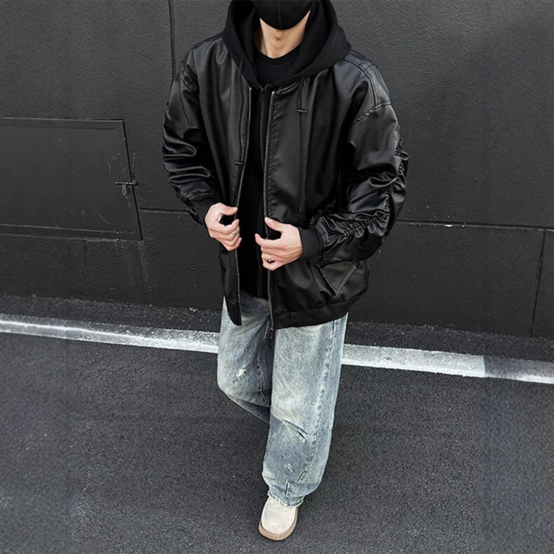 Черно яке от изкуствена кожа за мъже, къс силует, flight jacket стил, Cleanfit, без качулка