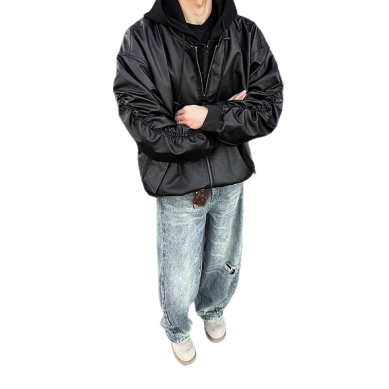Черно яке от изкуствена кожа за мъже, къс силует, flight jacket стил, Cleanfit, без качулка
