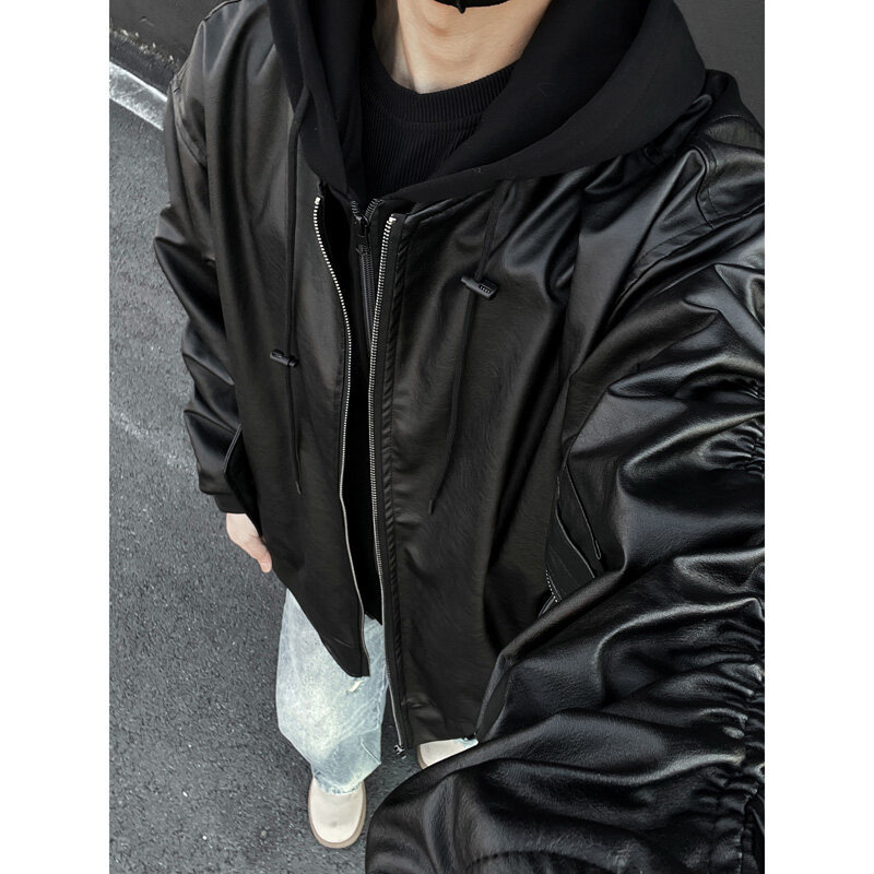 Черно яке от изкуствена кожа за мъже, къс силует, flight jacket стил, Cleanfit, без качулка