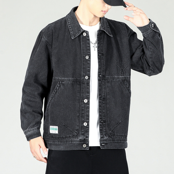Дънено яке за пролет-есен, японски ретро стил, свободна oversized кройка, мъжко casual облекло, патч джобове, еднобортно закопчаване