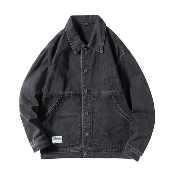 Дънено яке за пролет-есен, японски ретро стил, свободна oversized кройка, мъжко casual облекло, патч джобове, еднобортно закопчаване