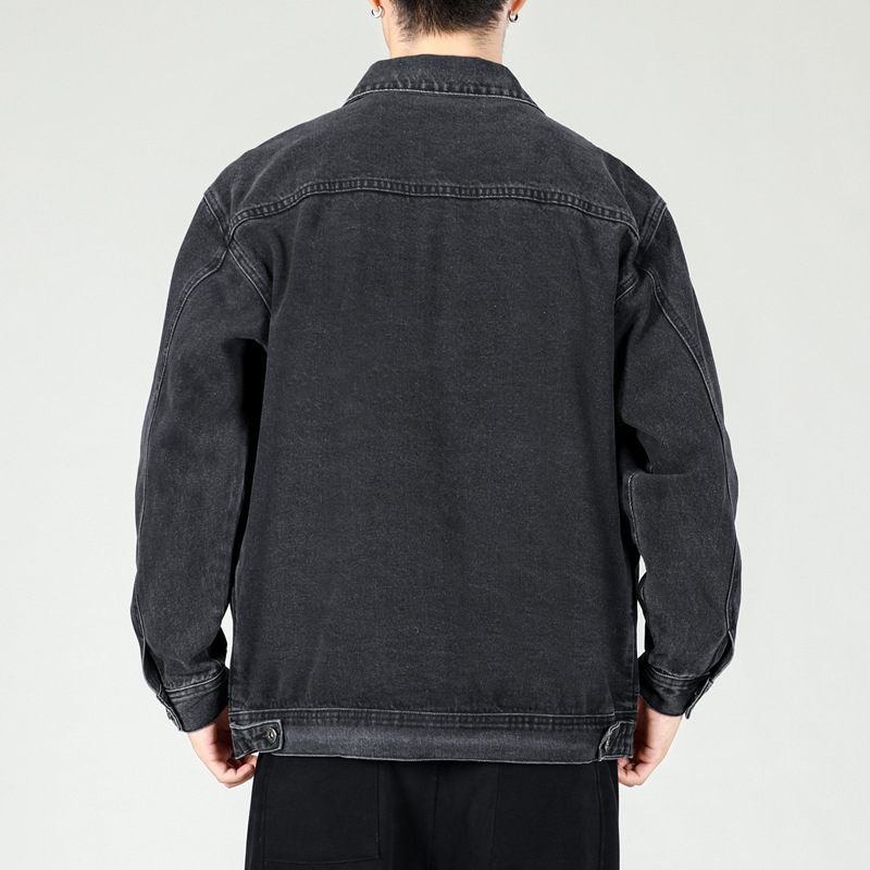 Дънено яке за пролет-есен, японски ретро стил, свободна oversized кройка, мъжко casual облекло, патч джобове, еднобортно закопчаване