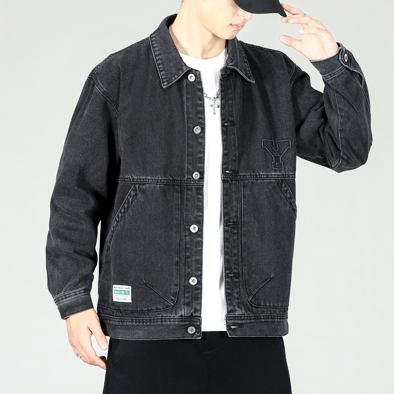 Дънено яке за пролет-есен, японски ретро стил, свободна oversized кройка, мъжко casual облекло, патч джобове, еднобортно закопчаване