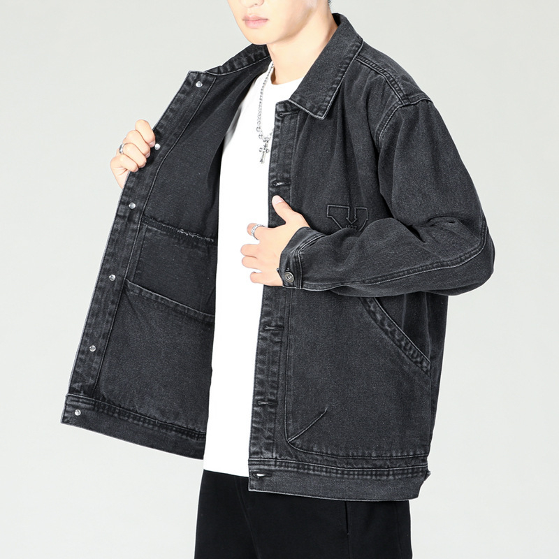 Дънено яке за пролет-есен, японски ретро стил, свободна oversized кройка, мъжко casual облекло, патч джобове, еднобортно закопчаване