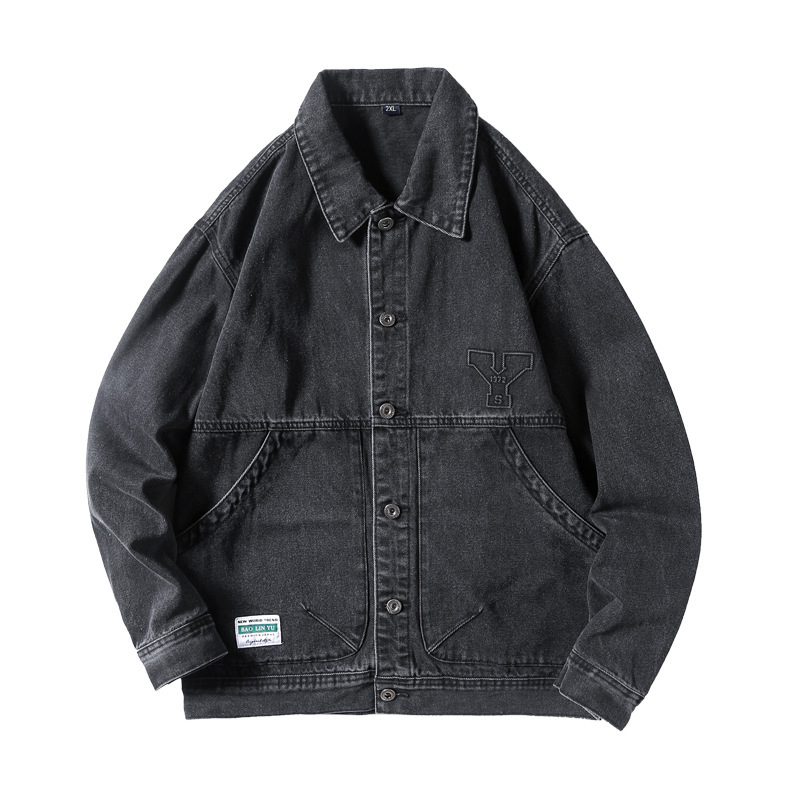 Дънено яке за пролет-есен, японски ретро стил, свободна oversized кройка, мъжко casual облекло, патч джобове, еднобортно закопчаване