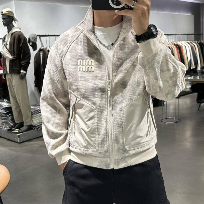 Мъжко яке със стояща яка и контрастен надпис, дишащо, ежедневен стил, с цип и джобове, за есенно-зимния сезон