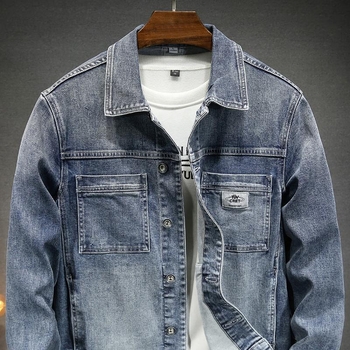 Мъжко дънково яке с еластична Slim Fit кройка, винтидж измиване, едноцветно, ежедневен стил, кежуъл работно облекло