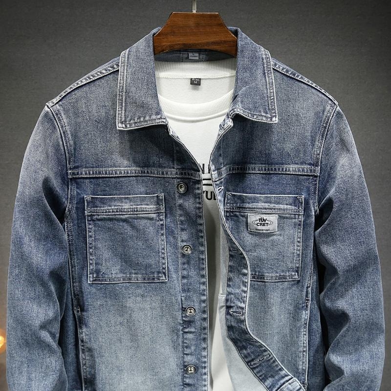 Мъжко дънково яке с еластична Slim Fit кройка, винтидж измиване, едноцветно, ежедневен стил, кежуъл работно облекло