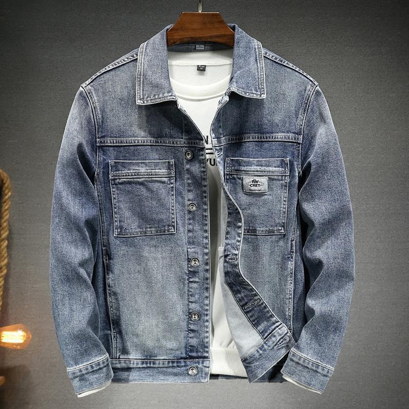 Мъжко дънково яке с еластична Slim Fit кройка, винтидж измиване, едноцветно, ежедневен стил, кежуъл работно облекло