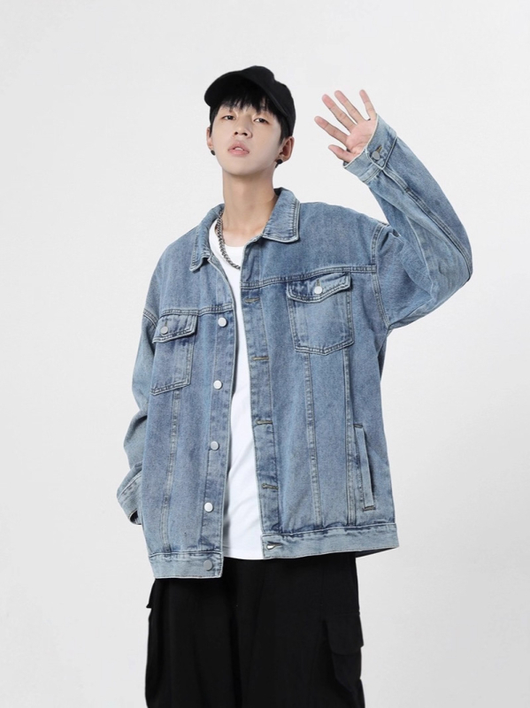 Мъжко дънково яке - есенен ретро стил, casual и работно облекло, цип отпред, яка с лапел, множество джобове, стандартен силует