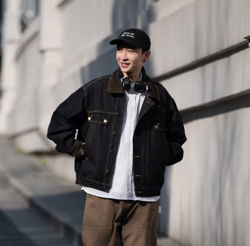 Мъжко oversized яке от деним с Corduroy patchwork, американски ретро стил, пролетно облекло за двойки