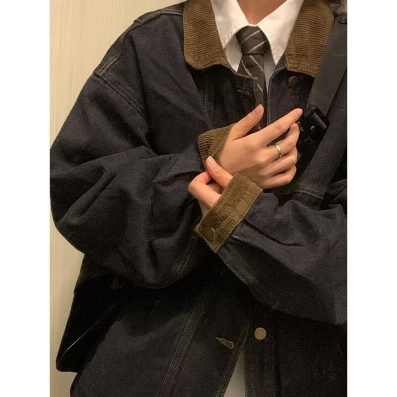 Мъжко oversized яке от деним с Corduroy patchwork, американски ретро стил, пролетно облекло за двойки
