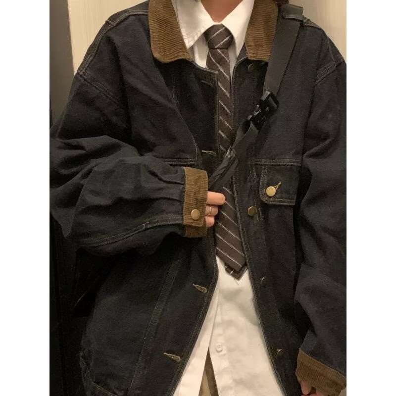Мъжко oversized яке от деним с Corduroy patchwork, американски ретро стил, пролетно облекло за двойки