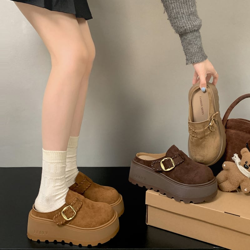Ženske smeđe cipele u stilu Birkenstock s debelim potplatom, s flis podstavom, zatvorenim prstom, protuklizne, povećavaju visinu