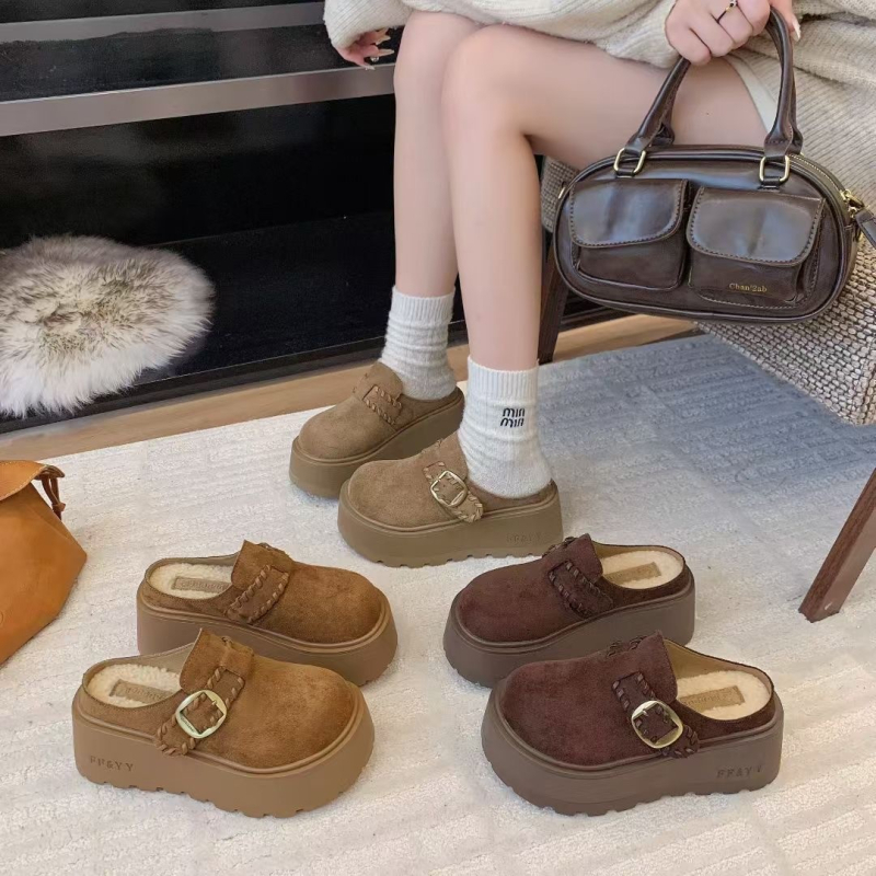 Ženske smeđe cipele u stilu Birkenstock s debelim potplatom, s flis podstavom, zatvorenim prstom, protuklizne, povećavaju visinu