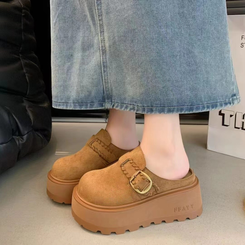 Ženske smeđe cipele u stilu Birkenstock s debelim potplatom, s flis podstavom, zatvorenim prstom, protuklizne, povećavaju visinu