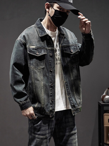 Мъжко oversized дънково яке за пролет и есен, плюс размер, свободна кройка, без качулка, едноцветно
