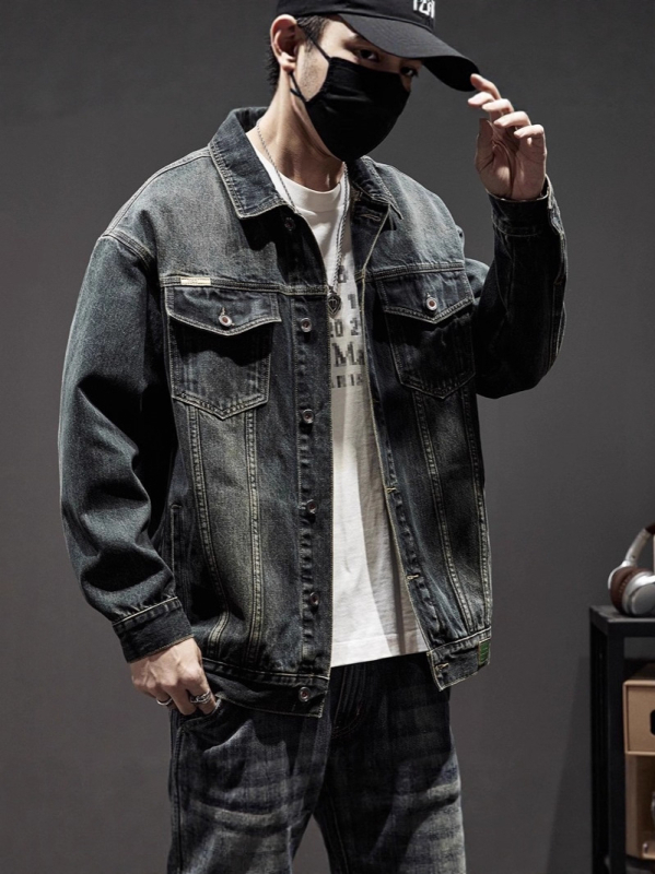 Мъжко oversized дънково яке за пролет и есен, плюс размер, свободна кройка, без качулка, едноцветно