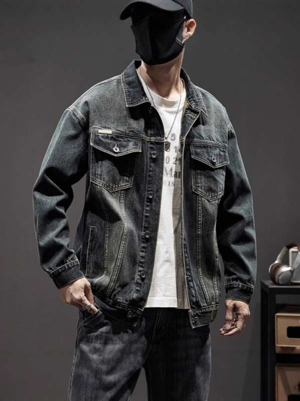 Мъжко oversized дънково яке за пролет и есен, плюс размер, свободна кройка, без качулка, едноцветно