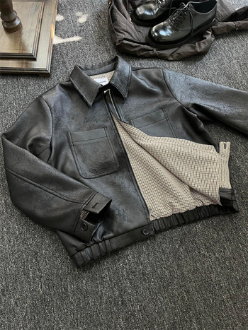 Американски стил ретро PU кожено късо яке за мъже, модел houndstooth, яка тип лапел, закопчаване с цип, без качулка, есенно-зимно външно облекло
